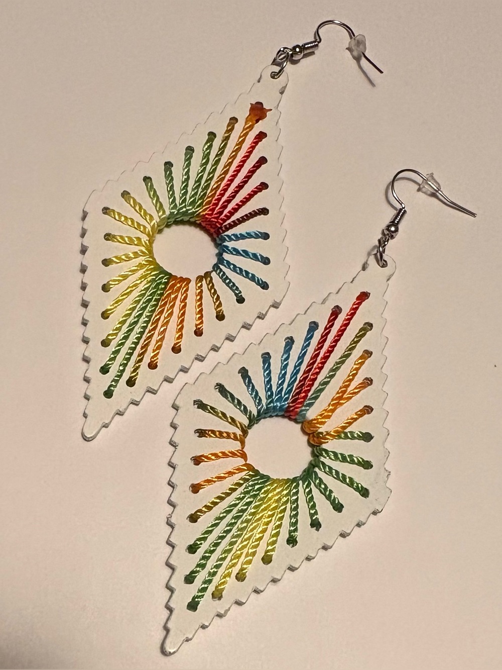 Rainbow Thread Embroidered Diamond Drop Earrings - White